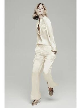 Zara Womens Silk Pajama Pants Large Ivory off white Elastic Waist 7824/147 NWT